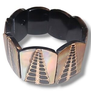 Vintage Abalone Shell Panel‎ Stretch Bracelet Black Iridescent Statement